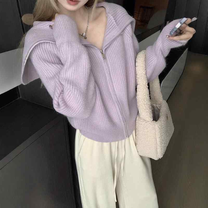 レディース ニット カーディガン 大襟 ダブルジッパー フィット シンプル 単色 韓国 リラックススタイル ゆったり 秋冬 カジュアル