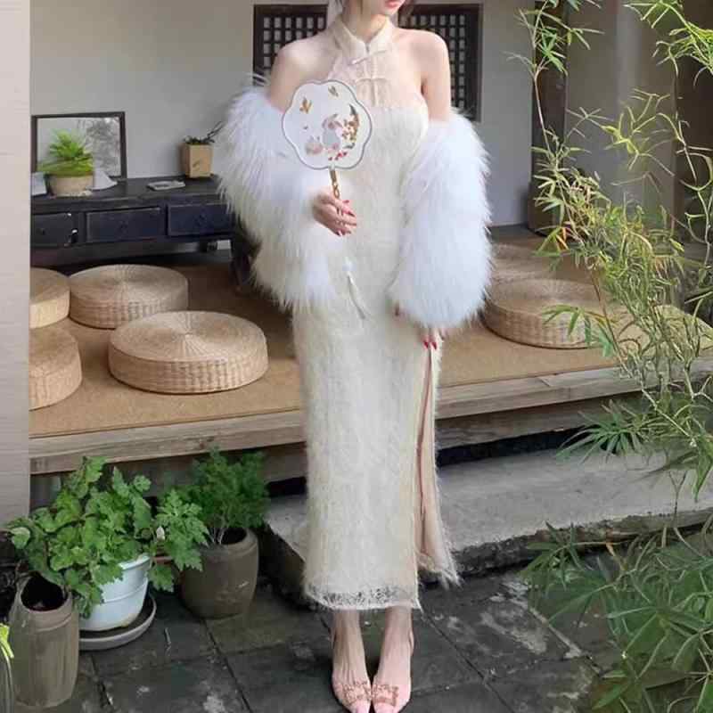 チャイナドレス 女性用 春秋 セクシー ホワイト 型 レース ハルターネック ワンピース 中華風 ドレス 膝丈 スリット 入 スタイリッシュ 普段使いx2
