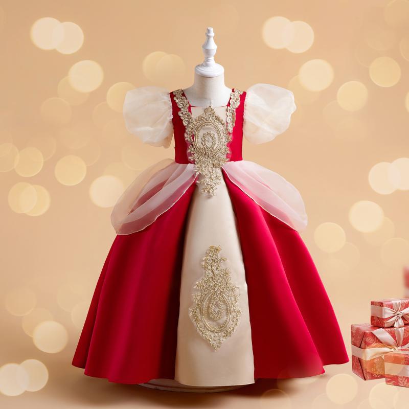 女の子 ワンピース パフスリーブ レトロ 宮廷風 プリンセスドレス 結婚式 パーティー ロングドレス キッズ 礼服 子供服 通学用 普段使い かわいい