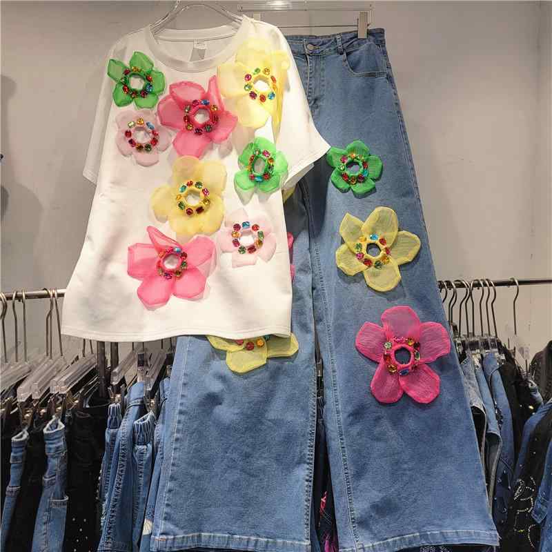 夏 短袖 赤 Tシャツ ゆったり デニム ロングパンツ セットアップ 立体 ビッグシルエット カジュアル コーディネート 吸湿速乾 軽量 綿素材
