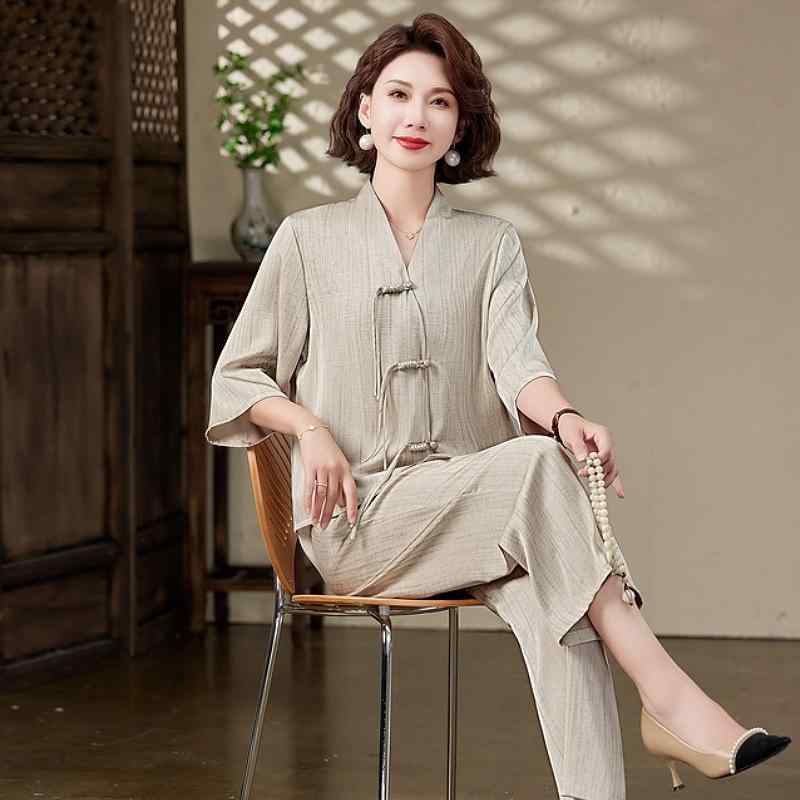 レディース トップス 女性用 夏 中国風 中袖 ブラウス 2点セット 大きめサイズ 軽量 綿混 日常使い 涼しい ゆったりシルエット