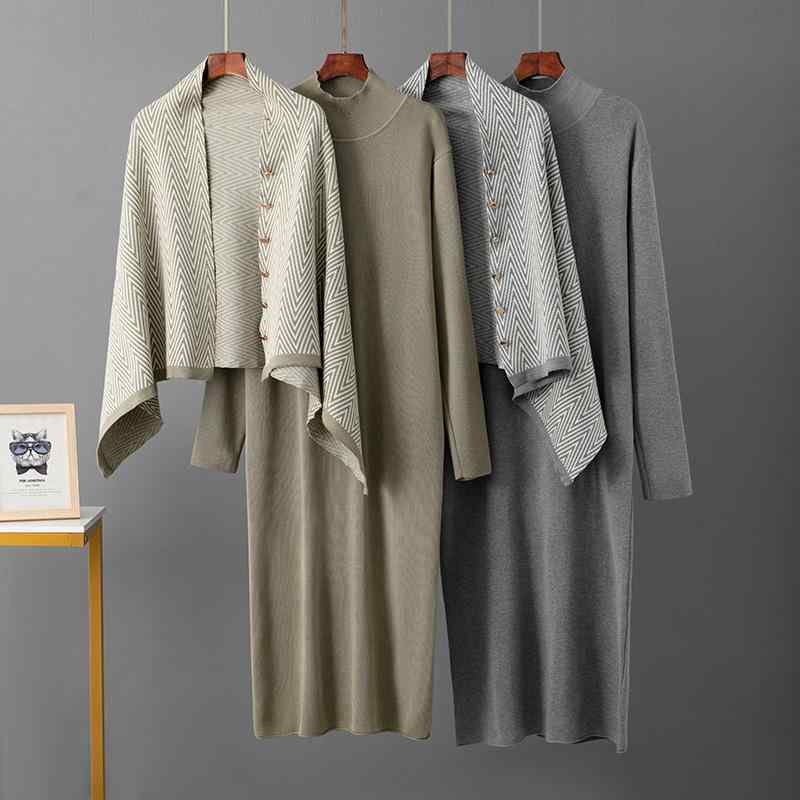 秋冬 レディース ワンピース セット 長袖 ニット ロング丈 細見え スリム シルエット エレガント スタイル 柔らか 暖か 素材 ショール アウター
