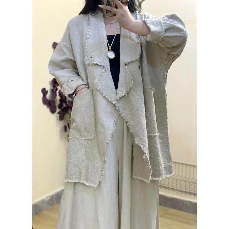 ジャケット 女性用 春夏 カジュアル 普段使い 綿麻素材 フリンジ加工 アシンメトリー 軽量 伸縮性 合わせやすい トップス コーディネートx2