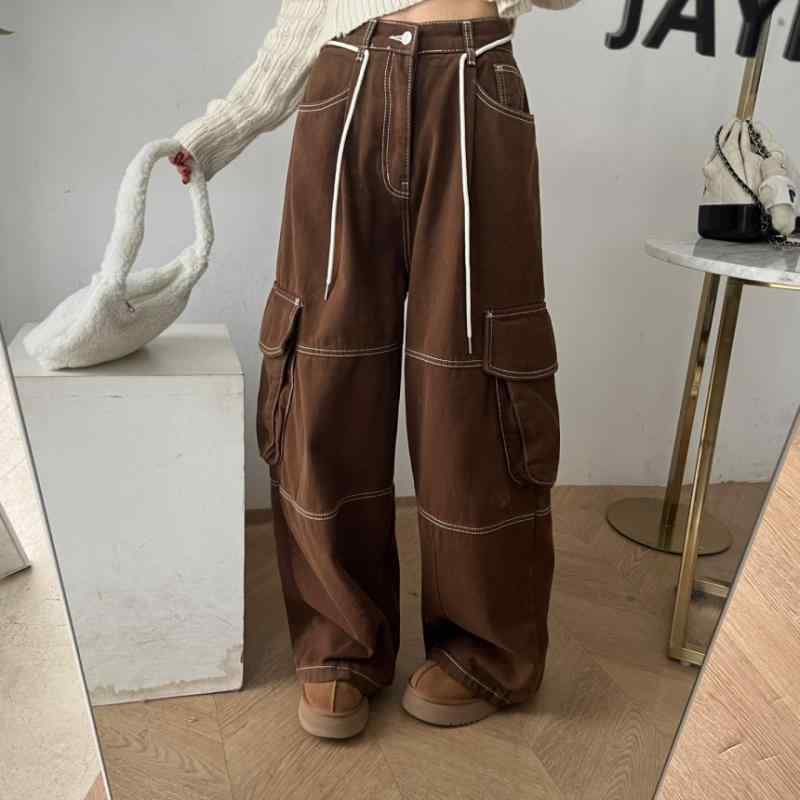 レディース ワイドパンツ ゆったり ストレート レッグ ロング丈 ステッチ デザイン カジュアル ワーク スタイル 春秋 普段使い 軽量 素材