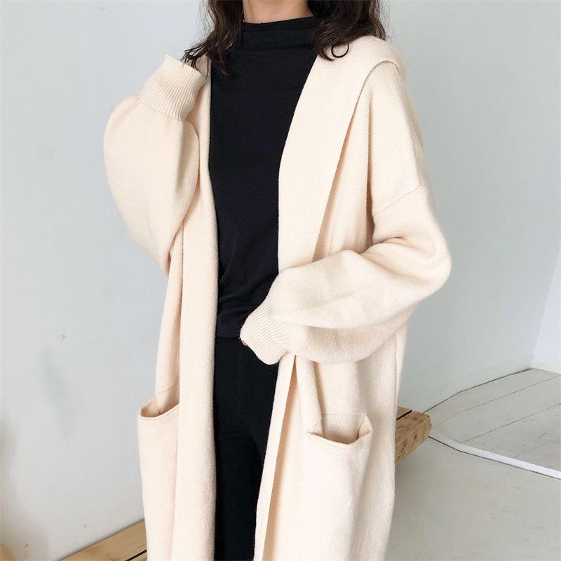 秋冬 ニットカーディガン レディース ロング丈 フード付き ポケット 単色 アウター ショール 韓国 軽量 伸縮性
