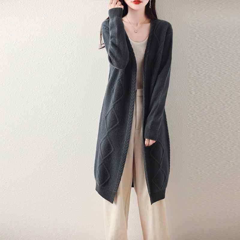 レディース カーディガン 冬用 ウール 厚手 ケーブル編み ゆったり 中長丈 単色 ニット アウター インナー 暖か 柔らか 日常使い