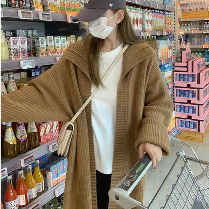 レディース 秋冬 ロング丈 ニット カーディガン 厚手 韓国 レトロ エレガント トップス ゆったり 暖か セーター コート スタイル 女性用 シルエットx2