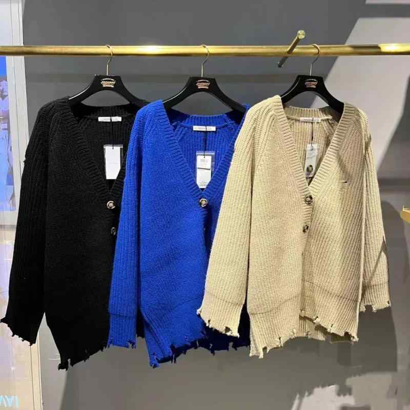 レディース ニット カーディガン Vネック ダメージ 加工 毛羽立ち エッジ 秋冬 トップス 軽量 伸縮性 綿混 素材 ビッグシルエット 普段使いx2|新風堂