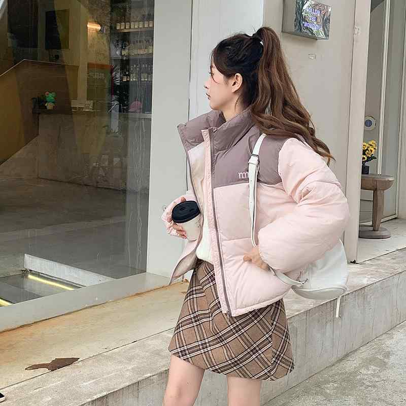 コート レディース 秋冬 暖か ダウンコットン ボリューム シルエット 配色 スタンドカラー 小柄 対応 韓国 普段使い アウター