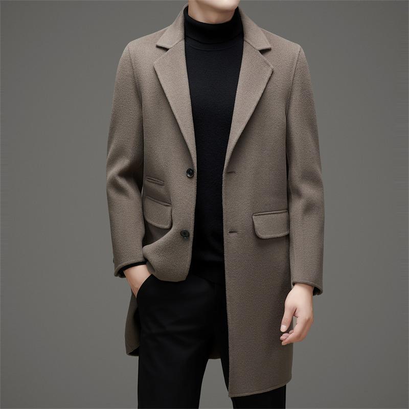 メンズコート ミドルロング丈 ウール アウター 単色 ノッチ トレンチ風 秋冬 ビジネスカジュアル 通勤用 暖か素材 軽量 スタイリッシュ フォーマル