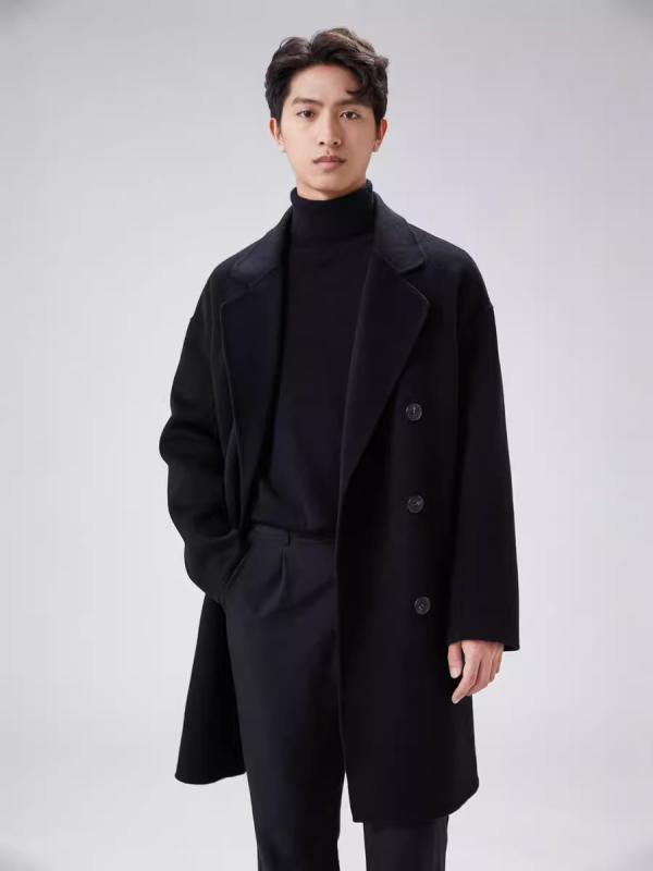 メンズ コート 両面羊毛 豪州産羊毛 ダブルブレスト 秋冬 暖か 高級感 ビジネス 通勤用 ロング丈 ウール素材|新風堂