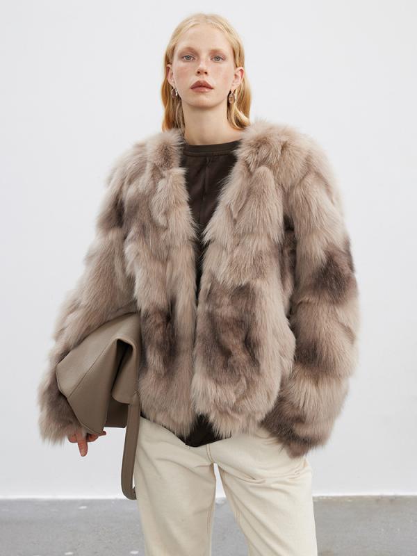 コート レディース 秋冬 フィンランド産 キツネ毛 プリント加工 ホールスキン 毛皮 スタイリッシュ 軽量 高級感 暖かみ ブラウン系 グレー系