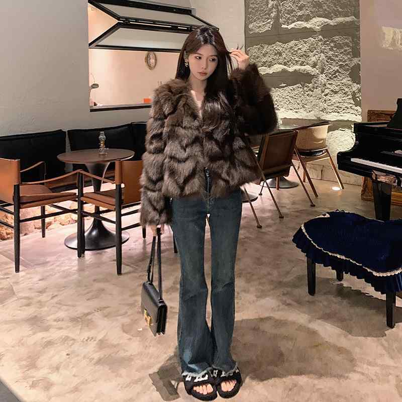 レディース 冬用 キツネ毛皮 短めコート 小柄対応 暖か 感 日常使い 軽量 柔らかい ブラウン系