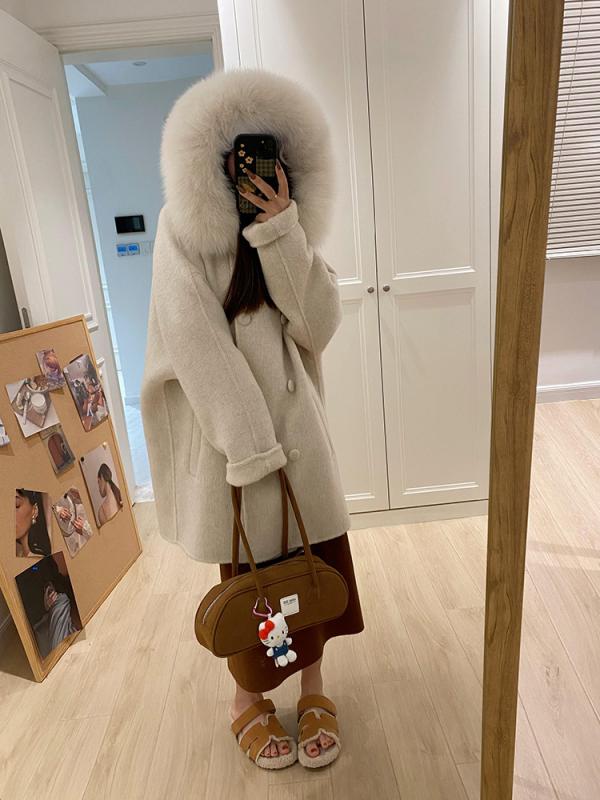 レディース コート 双面羊毛 狐毛領 毛皮 フード付き ダブルブレスト 中長丈 ウール 秋冬 アウター 高級感 暖かみ スタイリッシュ ミドルロングx2x2