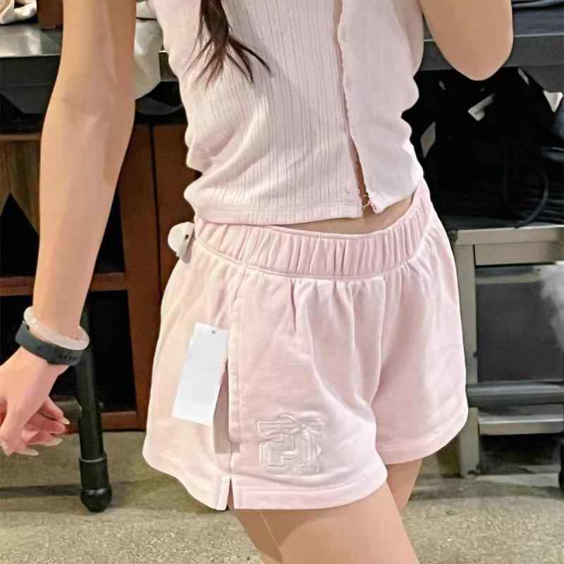 レディース ワイドレッグ ホットパンツ フリース素材 伸縮ウエスト 蝶結び リボン アルファベット刺繍 カジュアル 普段使い 夏 軽量 伸縮性