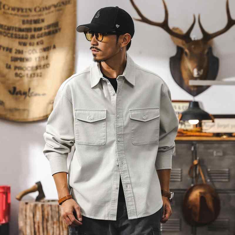 ワークシャツ メンズ 長袖 再生繊維 ドレープ 春秋 シンプル レトロ アメリカン ゆったり シルエット カジュアル 日常使い 吸湿速乾 柔らかい素材