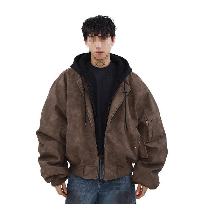 メンズ 厚手 フェイクツーピース フード付き ジャケット アウター カジュアル スタイル 春秋 オーバーサイズ 暖か リラックス 普段使い 男性用 上着