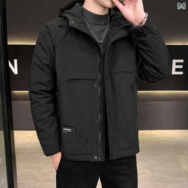 男性用 冬用 フード付き 無地 長袖 ワークジャケット 綿入り 厚手 アウター 暖か コート 普段使い 快適 素材