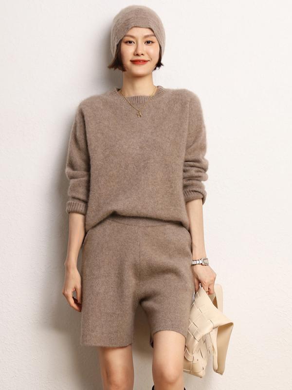 ショートパンツ 女性用 秋冬 ワイドレッグ ハイウエスト ニット 厚手 単色 暖か 柔らかい 高級感 カジュアル 普段使い
