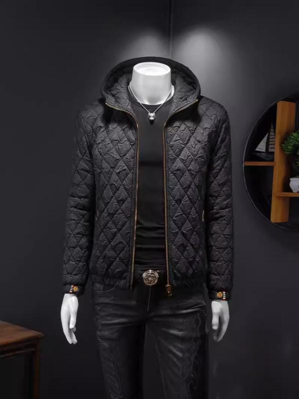 ジャケット 男性用 秋冬 フード付き 綿入れ エンボス加工 カジュアル ストリートスタイル スリムフィット 暖か アウター ビッグサイズ 普段使い