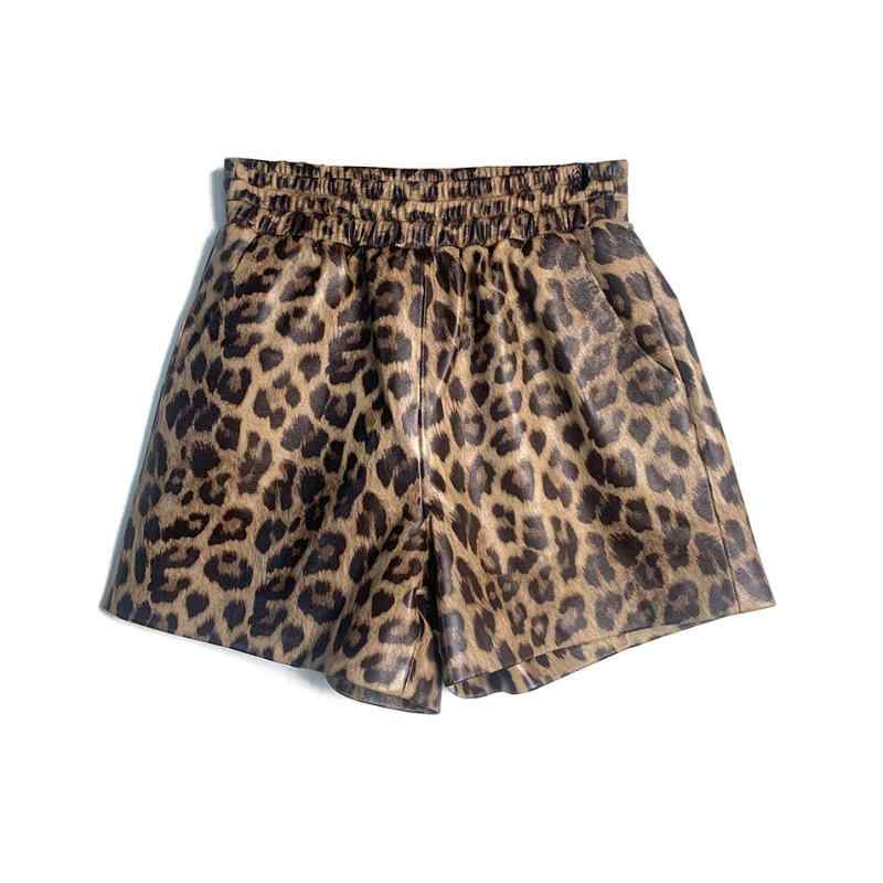 ショートパンツ レディース 秋冬 ヒョウ柄 革 羊革 ゴムウエスト カジュアル イージー ファッション スタイリッシュ 普段使い 軽量 伸縮性