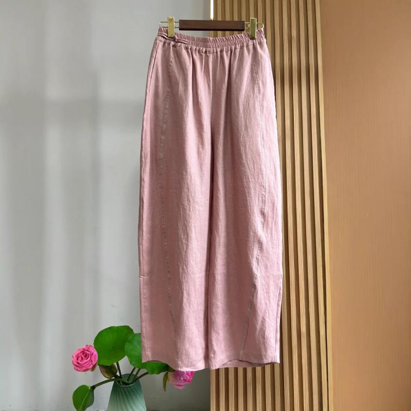 ロングパンツ 春夏 ラミー素材 ピンク 伸縮ウエスト シンプル カジュアル 日常使い 通気性 軽量 吸湿速乾 ボトムス 女性用｜新風堂
