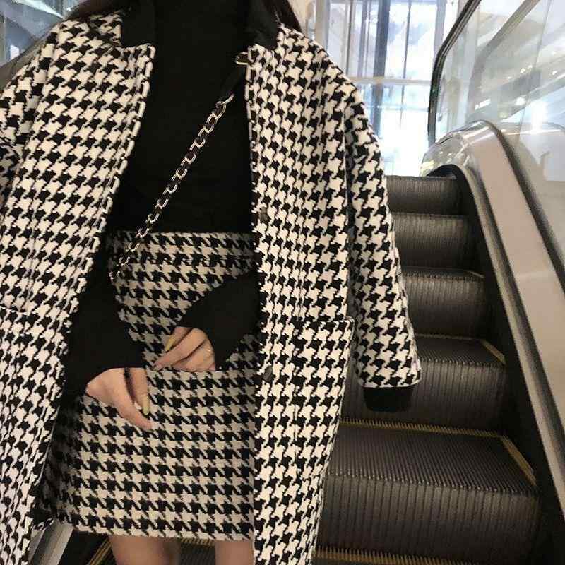 コート レディース 厚手 ウール 中長丈 黒白 千鳥柄 秋冬 高級感 暖か スタイリッシュ モノトーン ハーフスカート セット 膝丈 膝下 ミディ 暖房対応 防寒 通勤 普段使い
