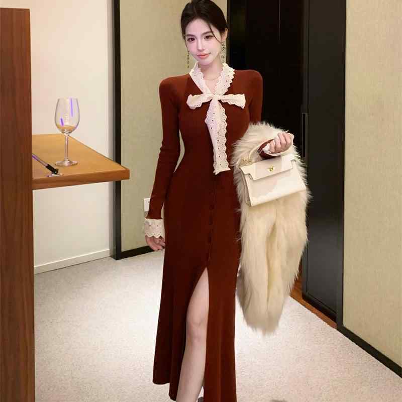 秋冬 レディース ニット ワンピース 蝶結び スリムフィット スリム 開叉 暖か 伸縮性 上品 フェミニン スタイル