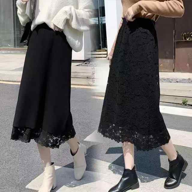 秋冬 リバーシブル レース Aライン スカート ニット メッシュ 切り替え カジュアル 普段使い 膝丈 女性用 伸縮性 軽量 ブラック ピンク系x2