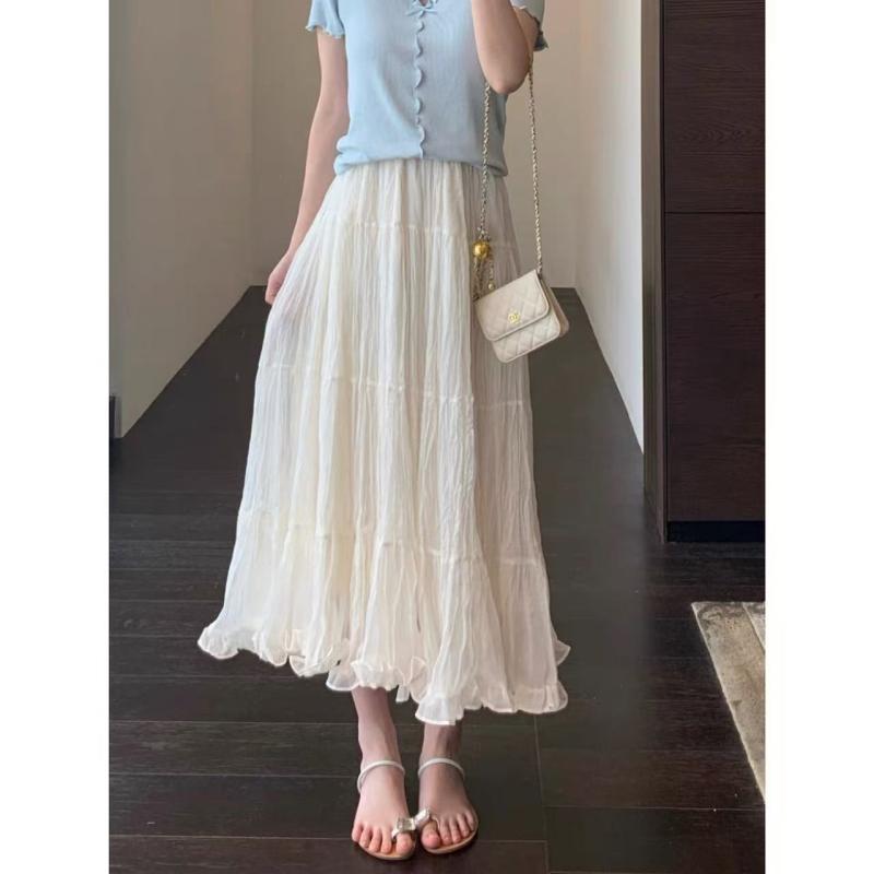 レディース スカート チュール ロング ハイウエスト Aライン フレア 白 ふんわり ロマンチック 春夏 スリム見せ 軽量 通勤 普段使い