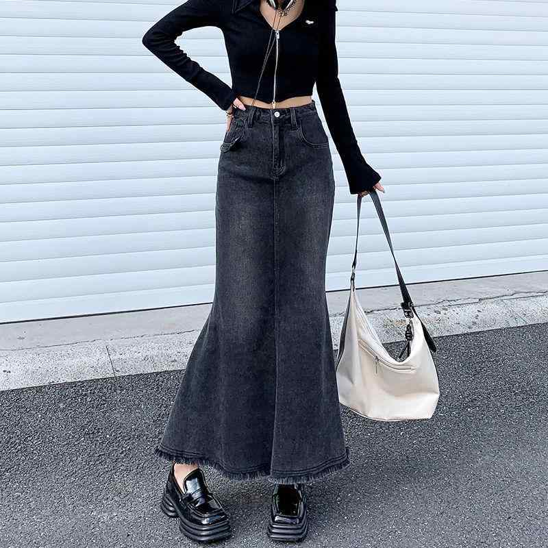 スカート レディース デニム ハイウエスト マーメイド 中長丈 ブラックグレー 春秋 韓国 スタイリッシュ 普段使い ストレッチ素材 ミディ丈 グレー系