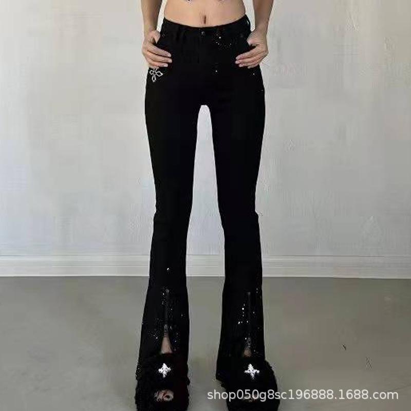 レディース ハイウエスト デニムパンツ フレア ジッパー スリット 脚長効果 スリム ストレッチ ボトムス 普段使い
