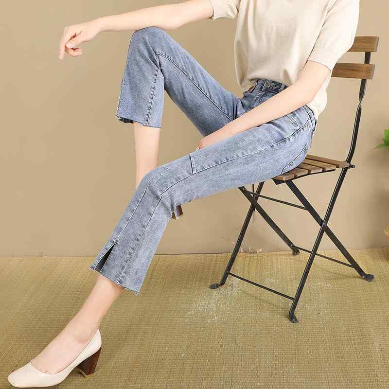 デニムパンツ レディース ハイウエスト 夏用 薄手 スリム 小柄対応 8分丈 スリット 9分丈 微フレア カジュアル ボトムス ストレッチ デニム素材 通勤 普段使い