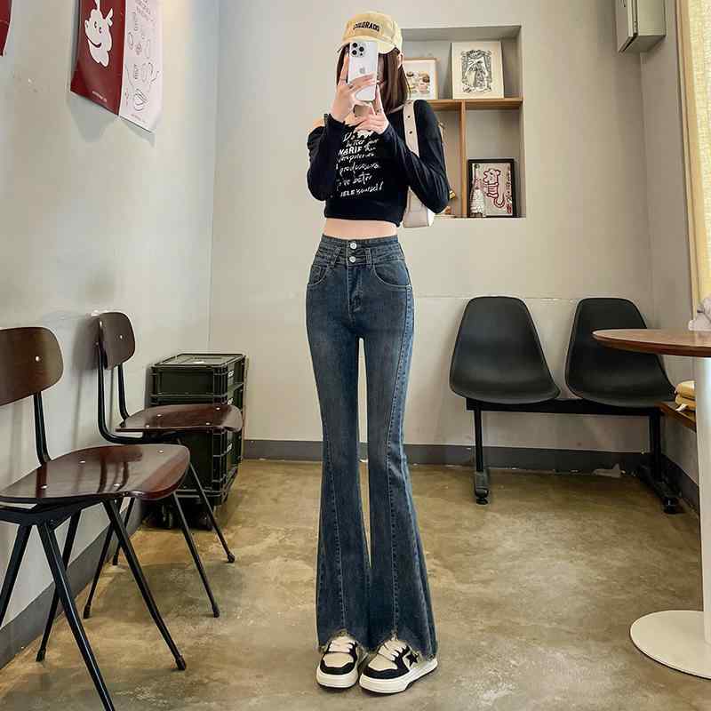 レディース デニムパンツ ハイウエスト マイクロフレア 伸縮性 スリムフィット サイドスリット フリンジエッジ 夏用 カジュアル ボトムス ジーンズ 普段使い 軽量 再生繊維
