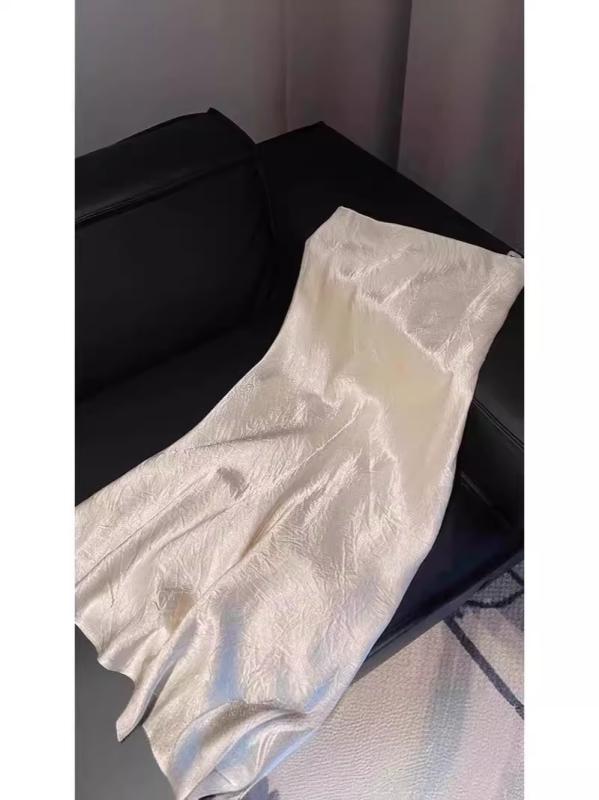 スカート レディース 夏 ハイウエスト プリーツ 白 サテン 薄手 接触冷感 Aライン マーメイド ロング カジュアル 普段使い 軽量 伸縮性