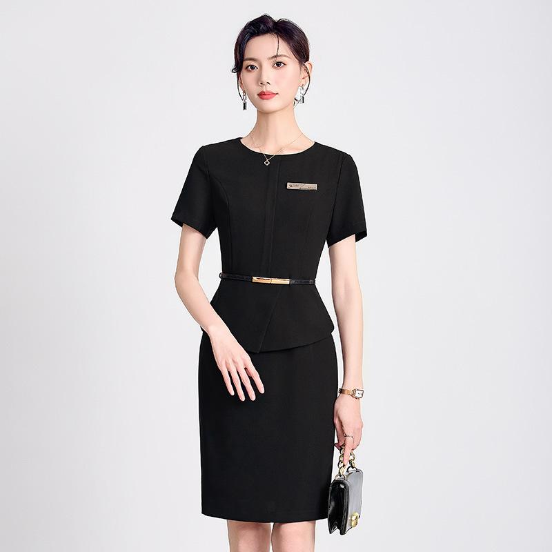 レディース ワンピース ブラック 夏用 ホテル 受付 制服 上品 スーツ 通勤 仕事着 軽量 吸湿速乾 膝丈 スリム シルエット