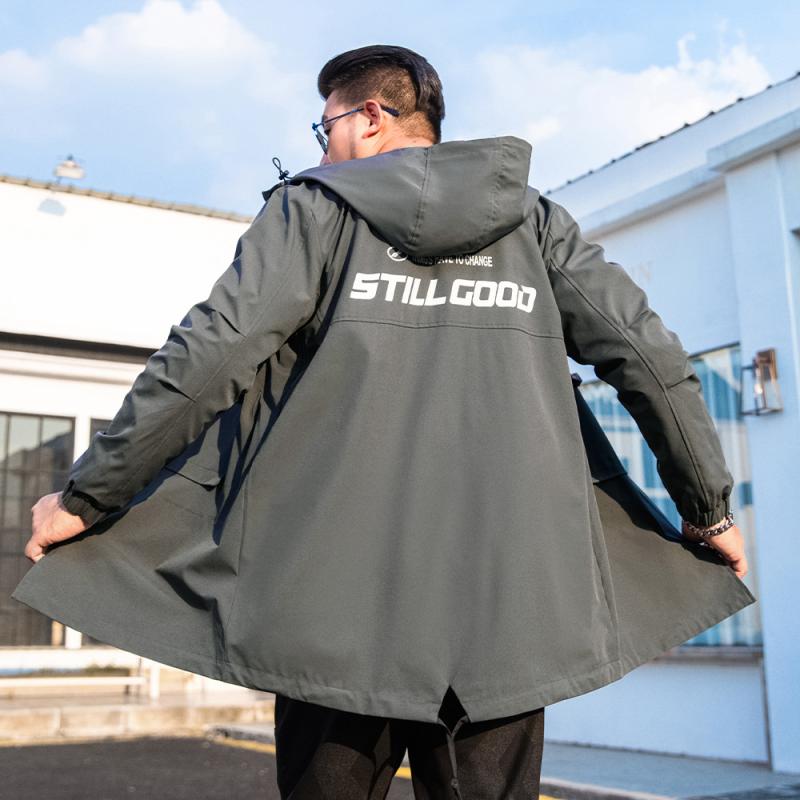 メンズ 秋 フード付き ゆったり 中長丈 ウィンドブレーカー コート 大きめサイズ カジュアル アウター 軽量 ストレッチ 素材 通勤 普段使い ストリート ファッション