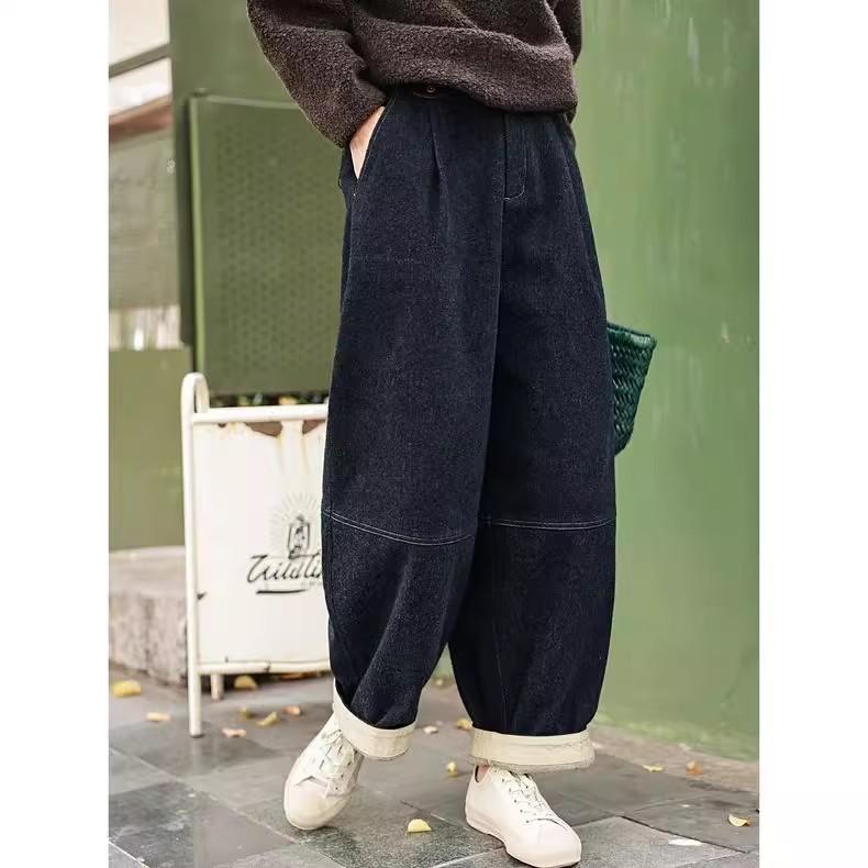 レディース デニムパンツ 起毛加工 伸縮性 ツイルコットン コントラストカラー ゆったりシルエット ワイドレッグ ダッドスタイル カジュアルボトムス 普段使い ルーズフィット 柔らかい素材