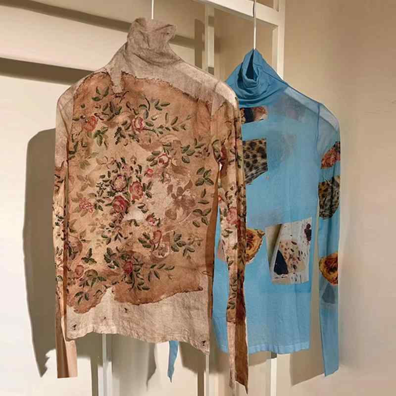 秋冬 レトロ スリムフィット インナー トップス 長袖 ハイネック プリント Tシャツ 薄手 軽量 快適 伸縮性 コットン混 普段使い