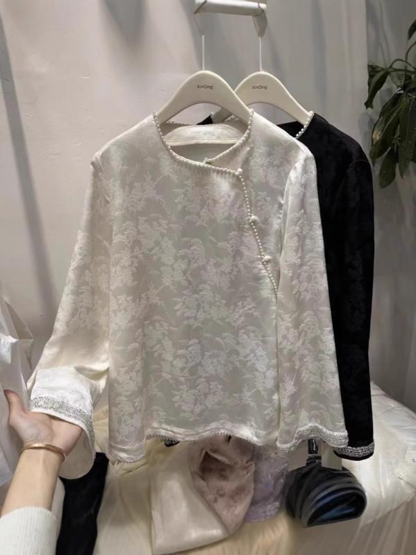 レディース 秋冬 中国風 盤扣 斜め襟 ブラウス サテン 提花 ビーズ 装飾 高級感 光沢 生地 トップス シャツx2
