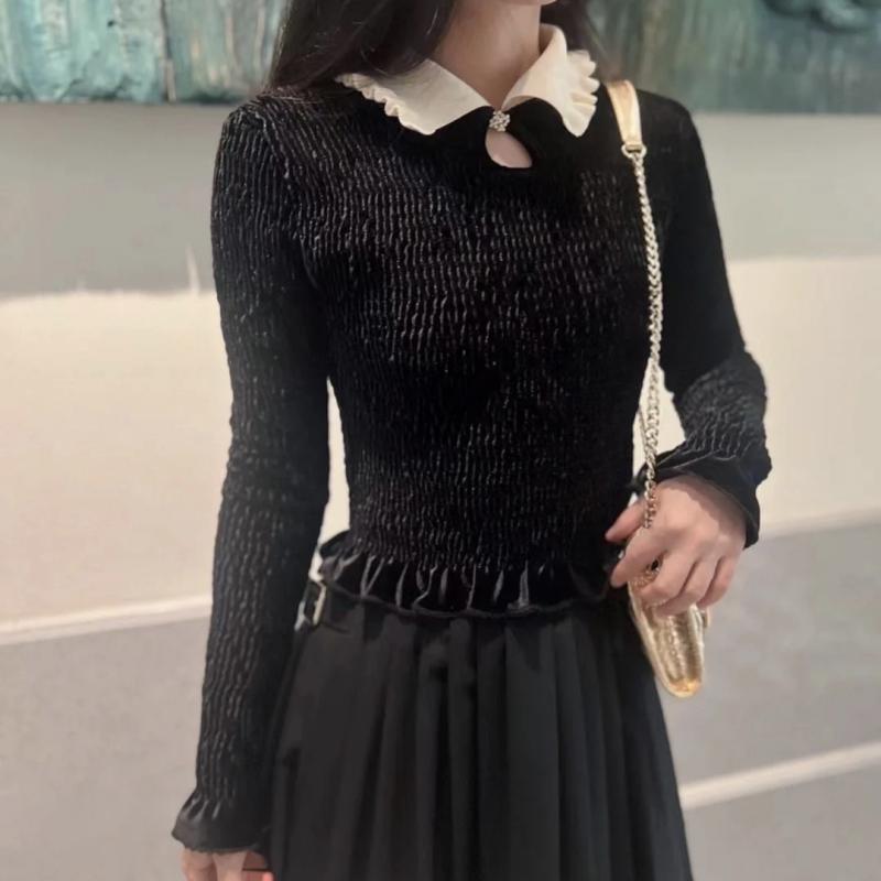 レディース ニットトップス 黒白 花柄 レース ドールカラー ギャザー プリーツ 春 スタイリッシュ 軽量 伸縮性x2