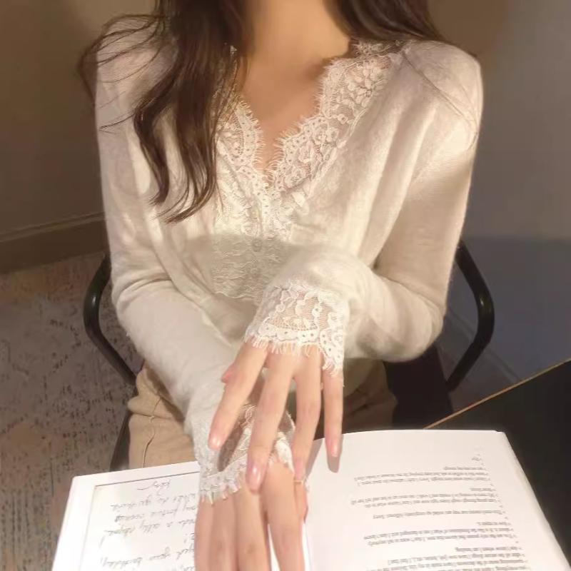 ニットセーター 女性用 秋冬 ホワイト 馬海毛 レース 切り替え スリムフィット フレンチスタイル コートインナー 暖か レイヤード トップス 高級感 ニット素材