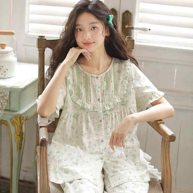女性用 夏用 綿 短袖 パジャマ セット 丸首 七分丈 パンツ かわいい 花柄 ゆったり カーディガン ルームウェア 部屋着