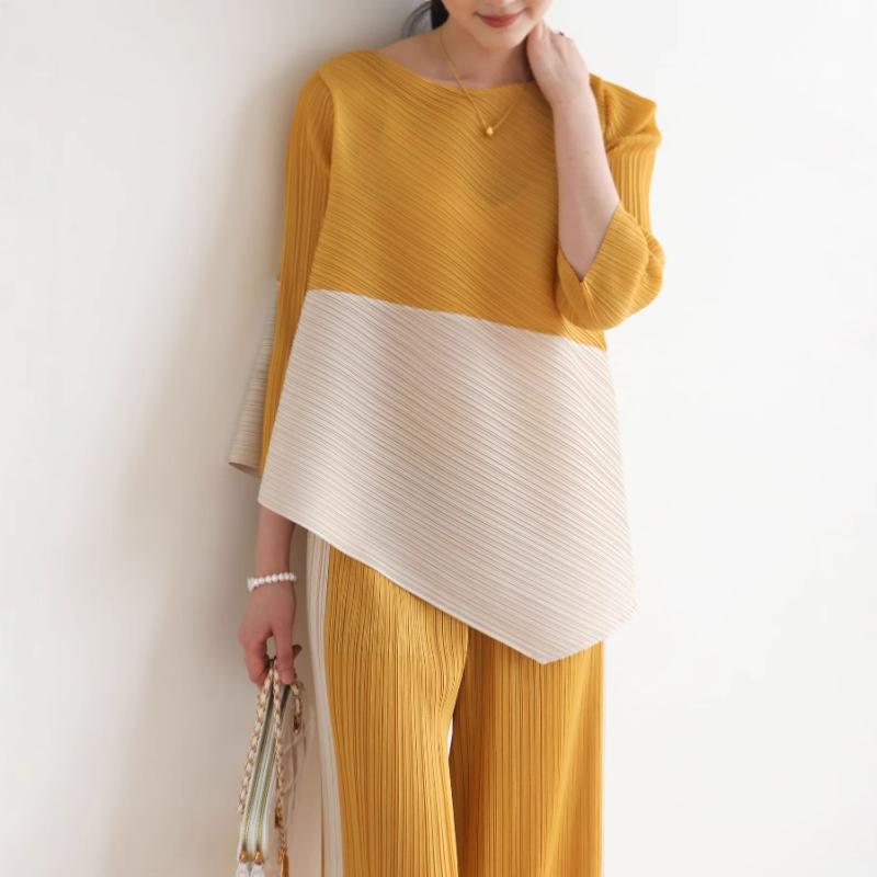 プリーツ Tシャツ 九分パンツ 夏用 ゆったり トップス 快適 スリム 不規則 ヘム レディース ファッション 軽量 吸湿速乾