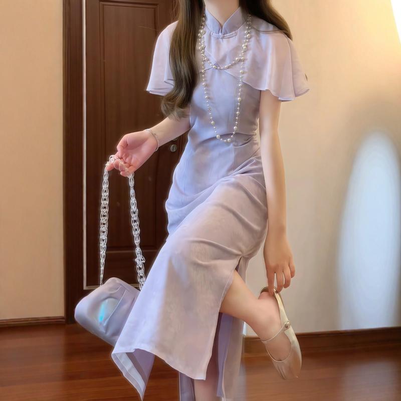 レディース 夏 紫 チャイナドレス ロングワンピース ゆったり ビッグシルエット エレガント フェミニン 型 ソフト素材 優しい モダン中国風