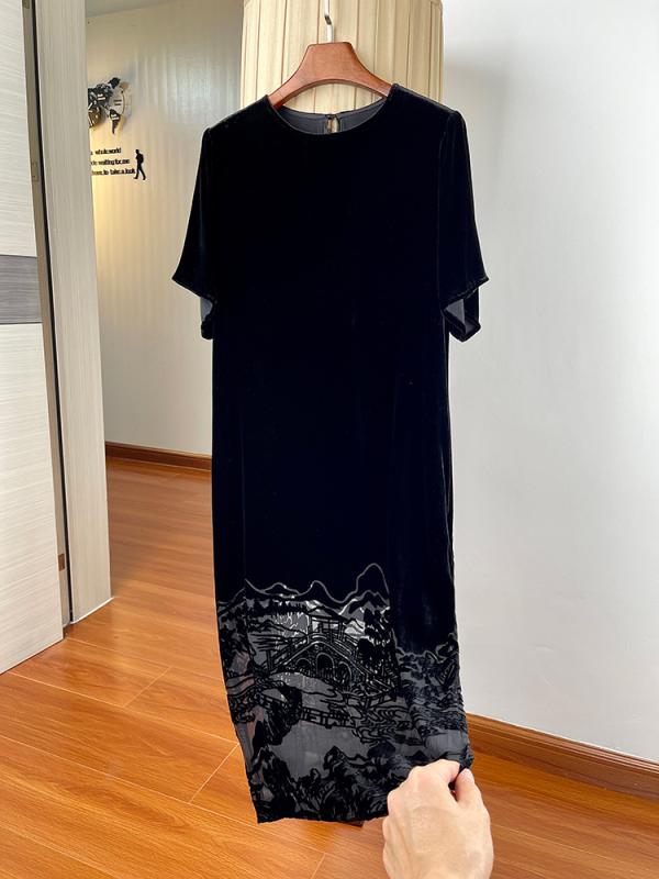 ワンピース レディース ラウンドネック サイドスリット 花柄 シルク ベルベット 夏用 ゆったり Aライン ロング丈 お腹カバー 軽量 涼しい 普段使い 伸縮性x2