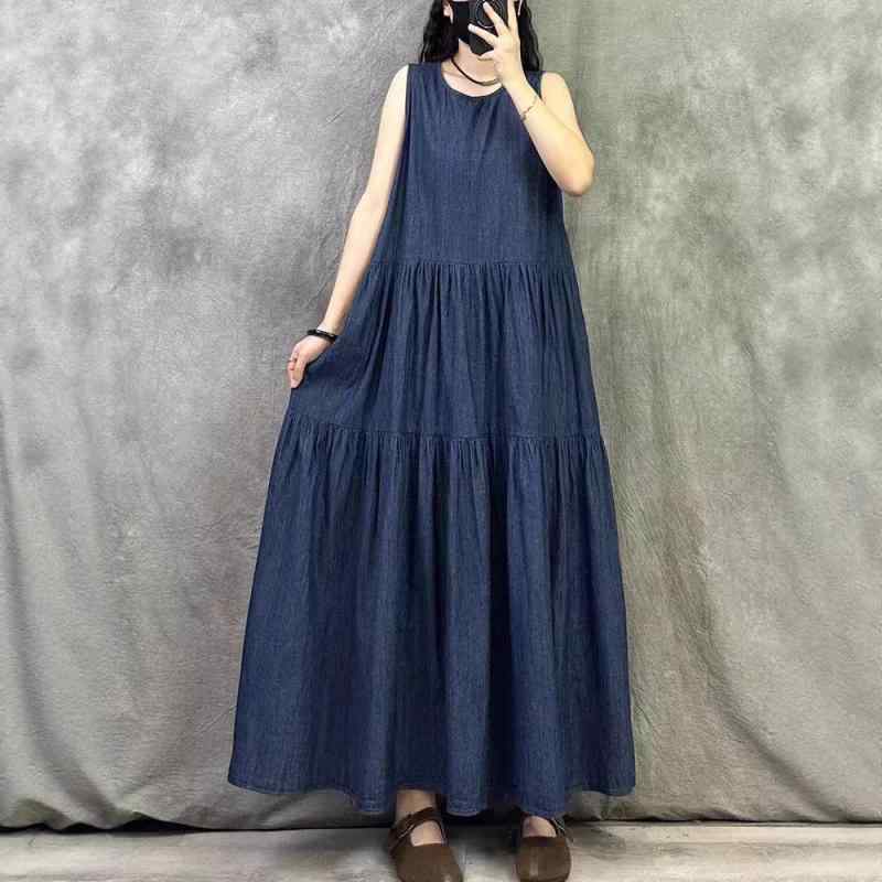 衣装 レディース ノースリーブ ジーンズ ロング 夏用 薄っぺら レトロ 可愛らしい ビッグ影ぼうし 窈窕たる 心地好い 普段使い走り 軽さ 伸縮性x2