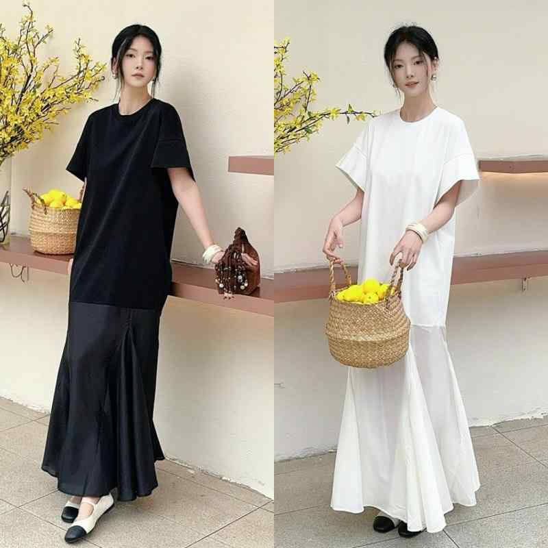 ワンピース レディース 秋 北欧 ゆったり ロング丈 スタイリッシュ 切り替え フィッシュテール 半袖 ドレス 膝下丈 女性用 日常使い 軽量 快適