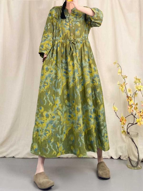ワンピース レディース 夏用 綿麻混紡 切り替え ウエストシェイプ ロング ゆったり 小花柄 プリント フェミニン フラワー 軽量 通勤 普段使いx2