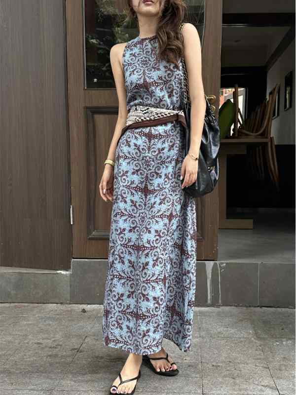 レディース ワンピース ロングドレス 100%麻 リネン素材 花柄プリント 丸首 ノースリーブ Aライン ゆったりシルエット カジュアル 日常使い 軽量 吸湿性 通気性 ナチュラルスタイルx2